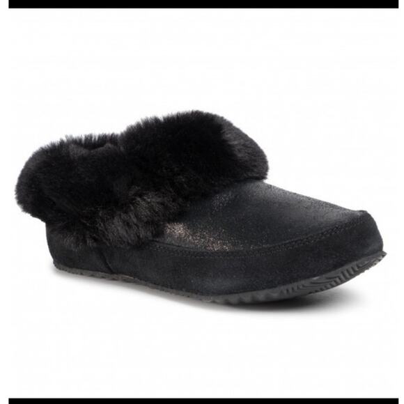 Sorel Go Coffee Run Slipper Black Suede Metallic Top Faux Fur Size 7 - Picture 1 of 7